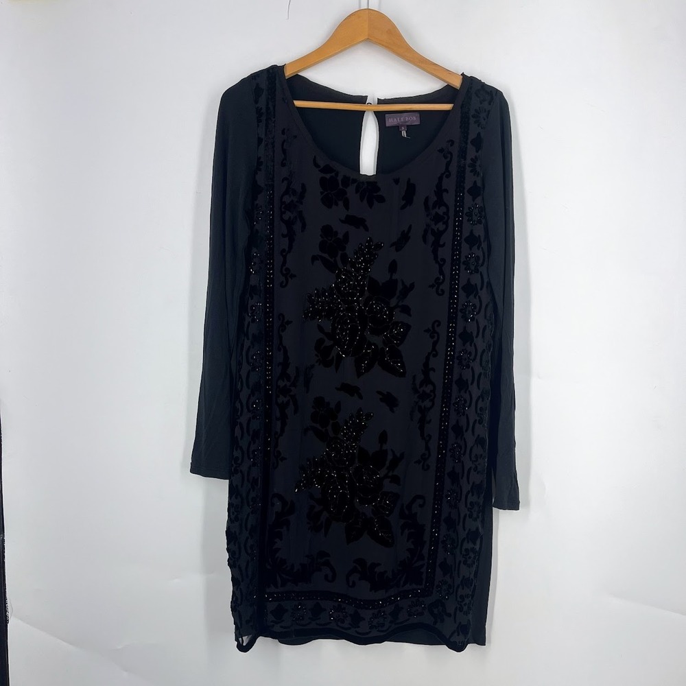 Hale Bob Black Silk Blend Velvet Burnout Beaded Floral Shift Dress 3HLY6365 S